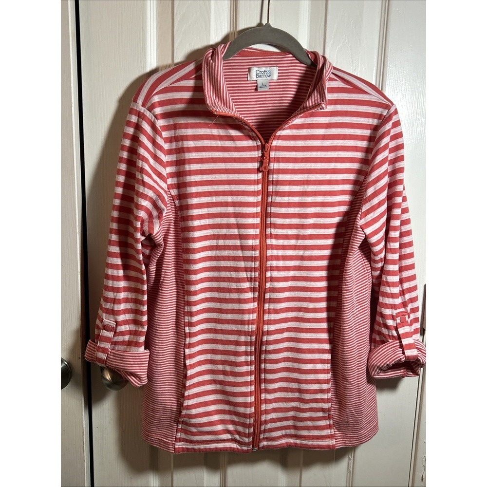 Croft & Barrow‎ Top Pink Striped Zip Front Cozy Roll Tab Sleeve Women's L